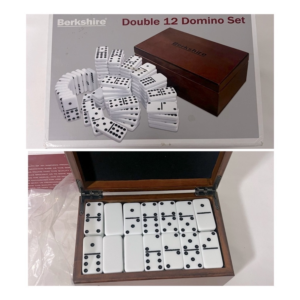 Berkshire Double 12 Domino Set" in its packaging, including a wooden storage box
